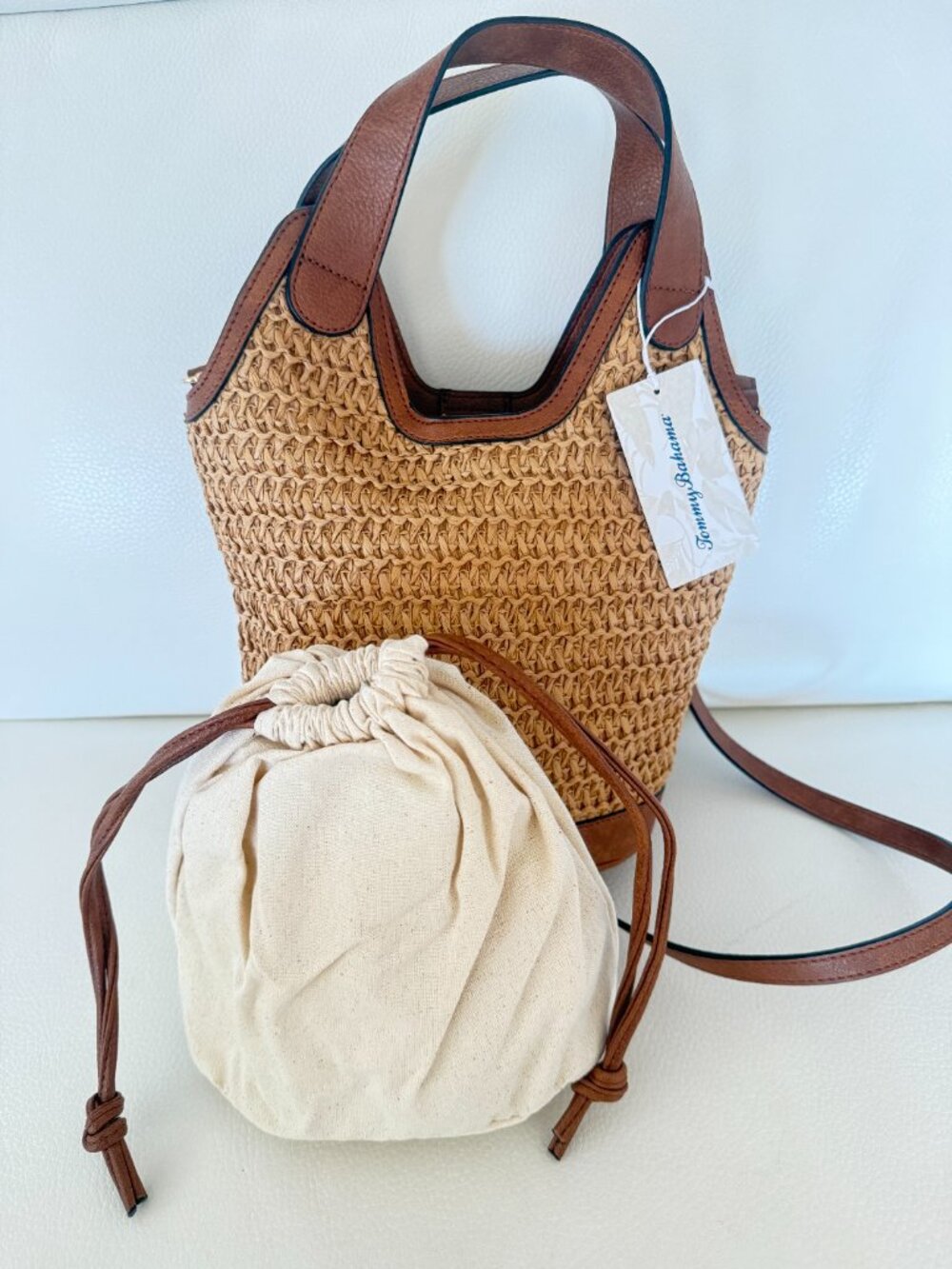 NWT TOMMY BAHAMA STRAW BUCKET BAG CROSSBODY W INNER POUCH - Picture 5 of 6
